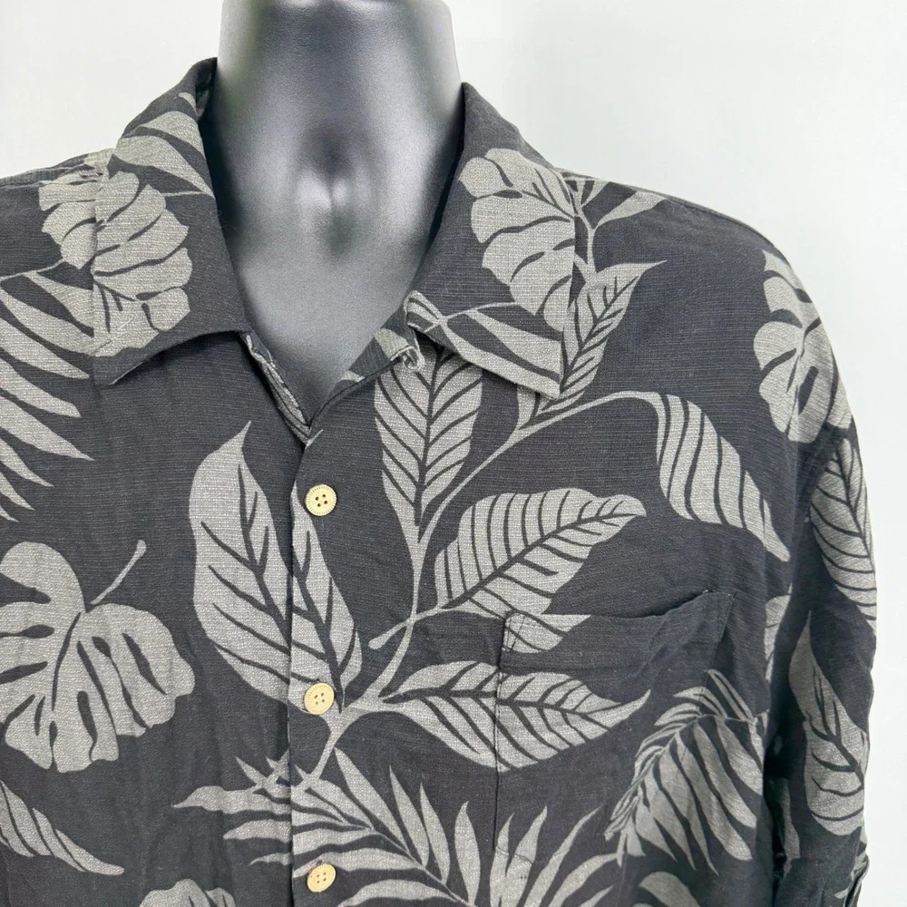 Jamaica Jaxx Mens XXL‎ Silk Tropical Leaf Button Down Shirt Black Grey
